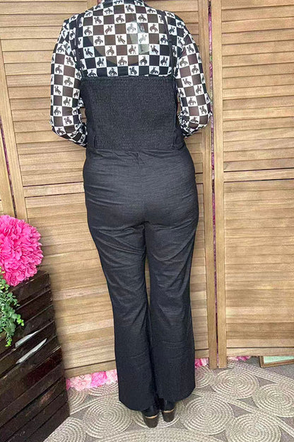 Stretchy black straight wide leg one piece women's overall pant XCH16404