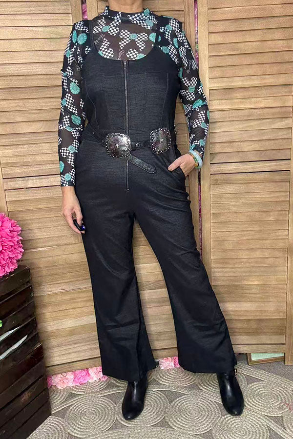 Stretchy black straight wide leg one piece women's overall pant XCH16404