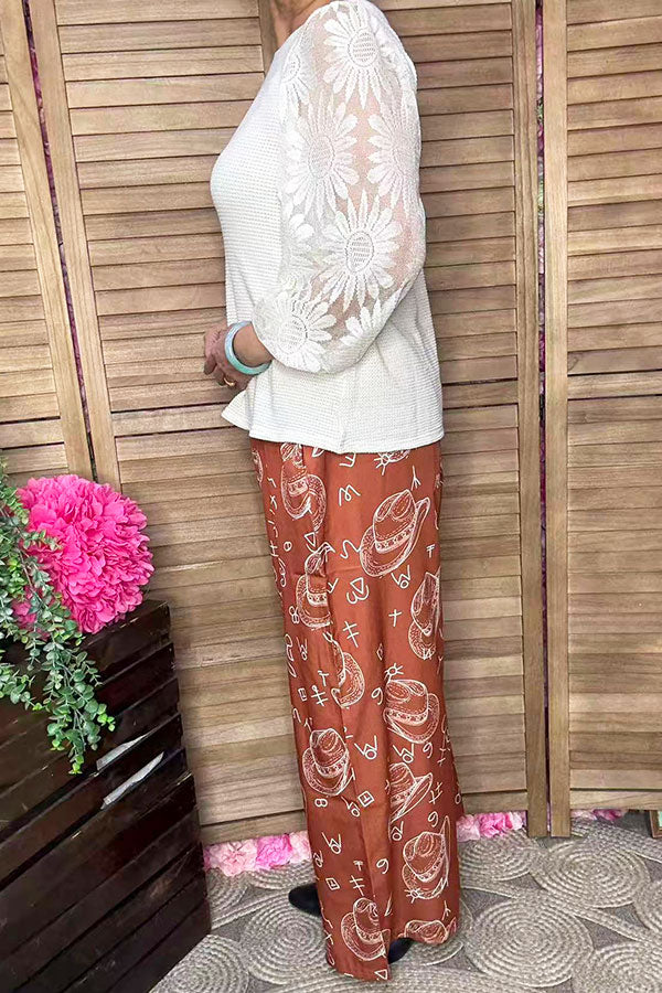 Western hat & patterns printed wide leg women pant XCH16885