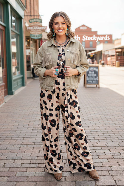 Women's apparel wholesale One piece overall leopard jumpsuit w/waistband & pockets YMY15073