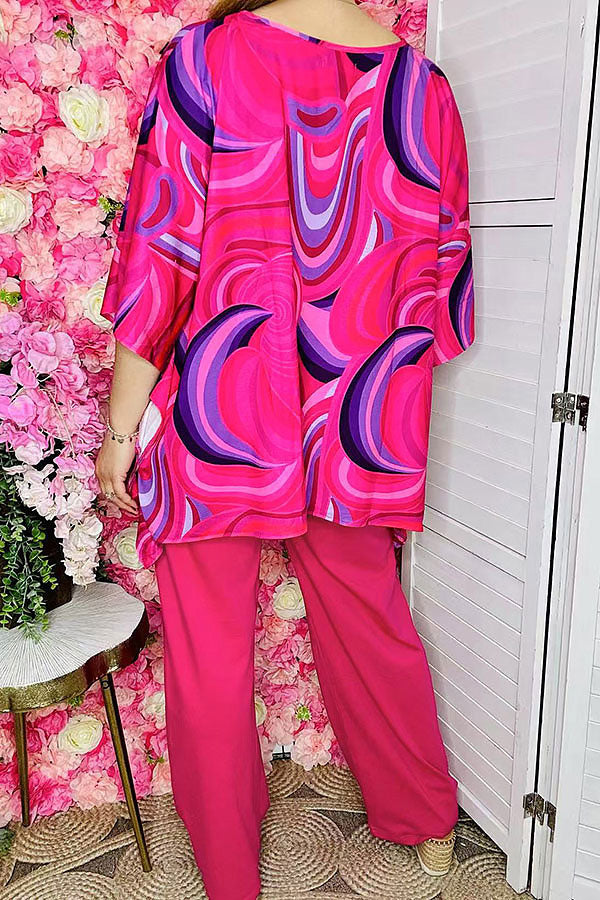 Women's sets wholesale Fuchsia prints top & pant 2pc clothing sets GJQ16034