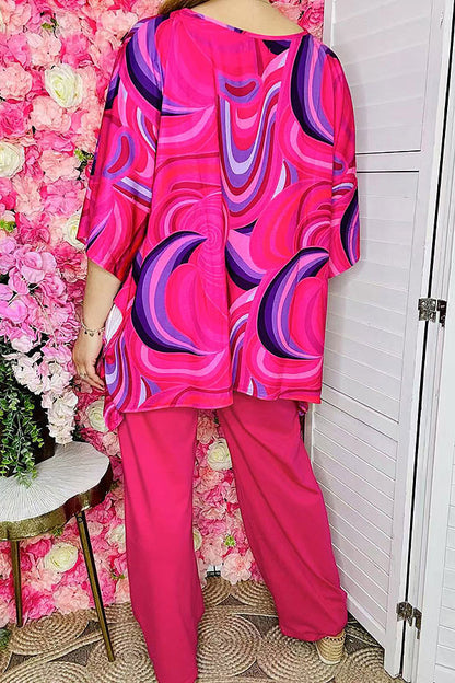 Women's sets wholesale Fuchsia prints top & pant 2pc clothing sets GJQ16034