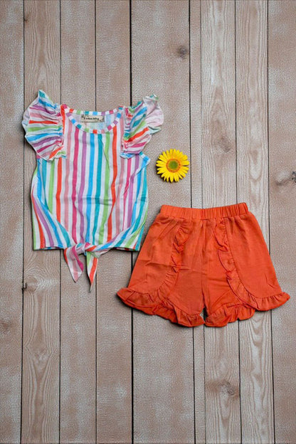 Serape printed flutter sleeves top & orange shorts 2pc girls sets XCH04014