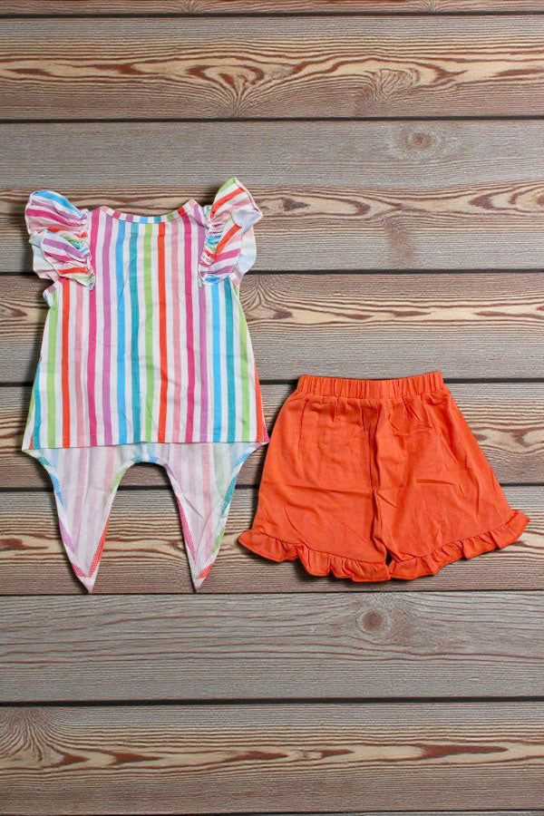 Serape printed flutter sleeves top & orange shorts 2pc girls sets XCH04014