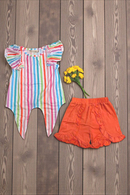 Serape printed flutter sleeves top & orange shorts 2pc girls sets XCH04014