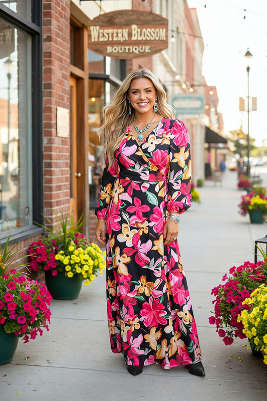 Flora printed long sleeve women's maxi dress with belt BQ16314