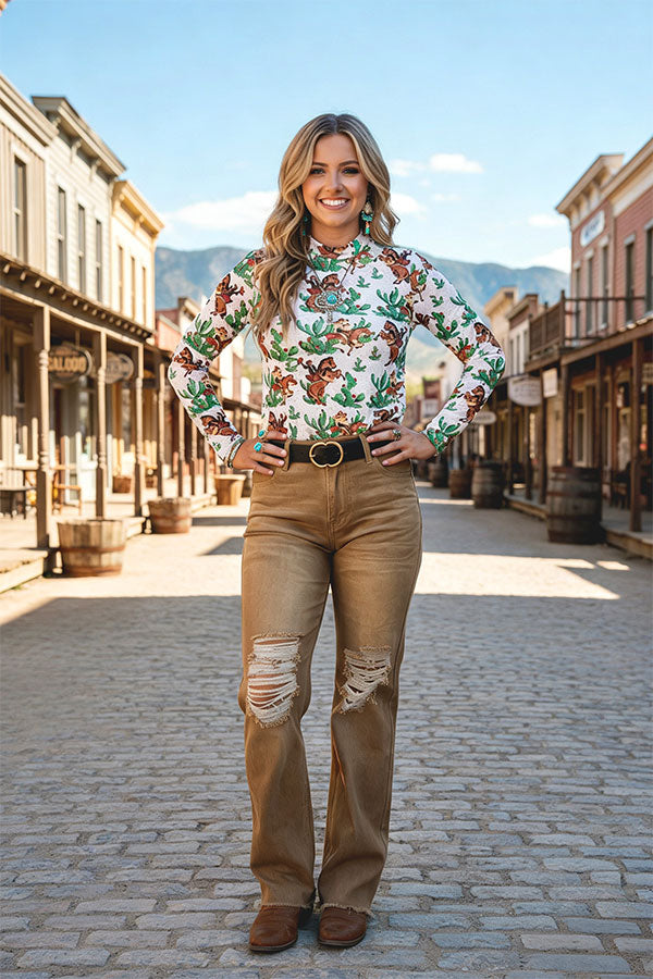 Brown western style distressed straight-leg jeans women pants S013