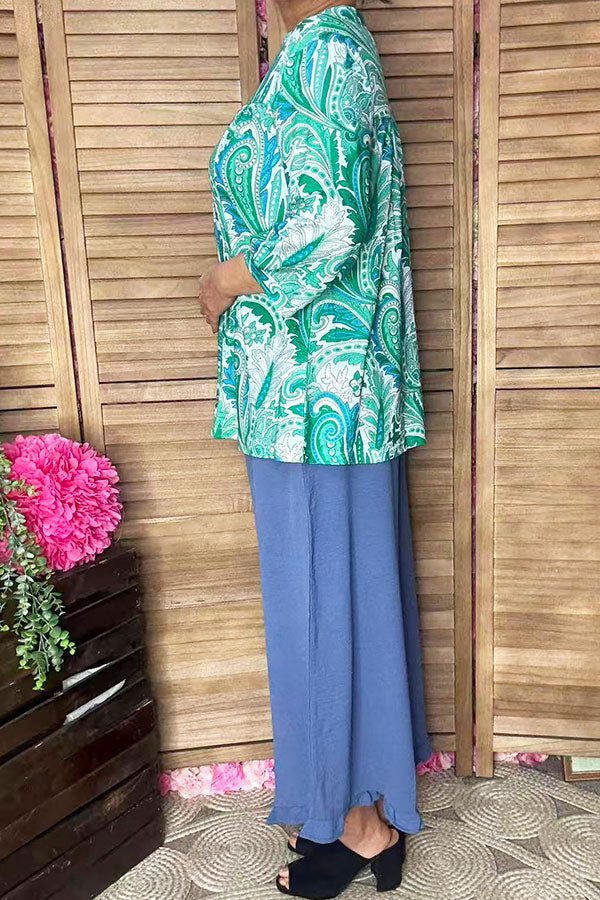 Mint & turquoise paisley printed 3/4 sleeves lace trim women blouse GJQ16232