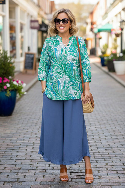 Mint & turquoise paisley printed 3/4 sleeves lace trim women blouse GJQ16232