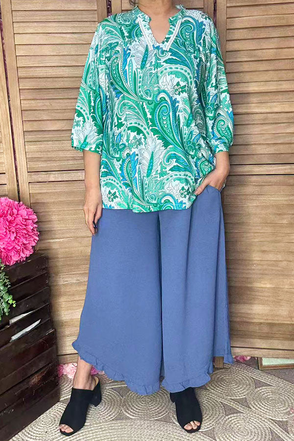 Mint & turquoise paisley printed 3/4 sleeves lace trim women blouse GJQ16232