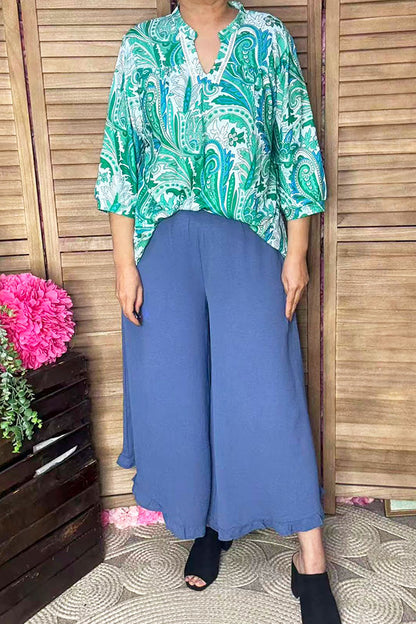 Mint & turquoise paisley printed 3/4 sleeves lace trim women blouse GJQ16232