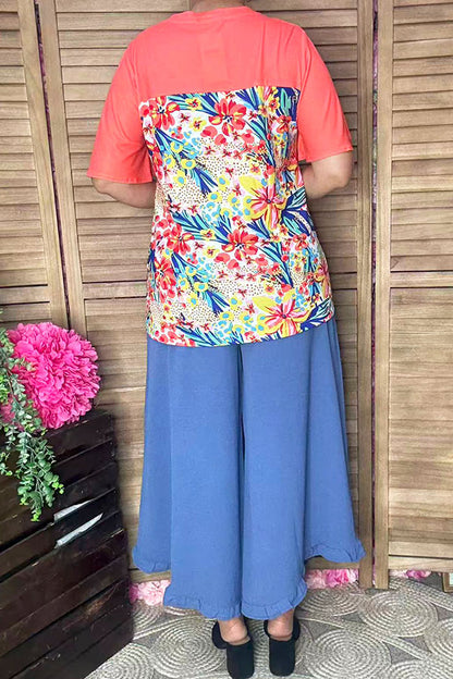 Chic tropical floral & coral lace trim women's boutique top Southern Stitch GJQ16436