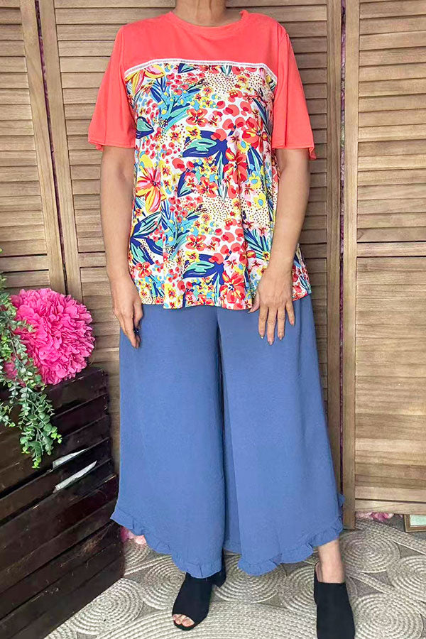 Chic tropical floral & coral lace trim women's boutique top Southern Stitch GJQ16436