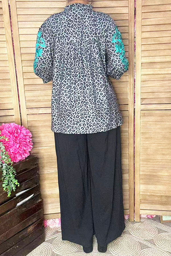Southern Stitch turquoise embroidery leopard baby doll women top XCH16807
