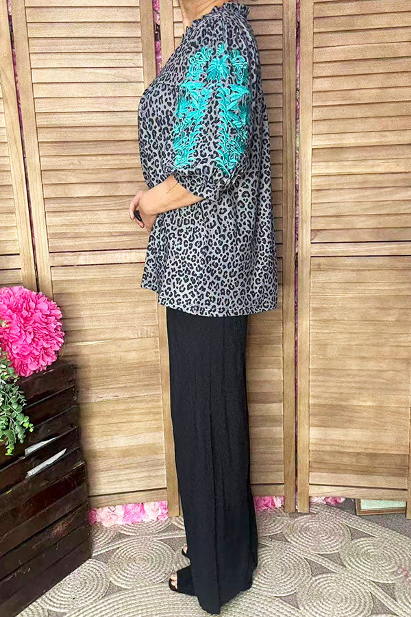 Southern Stitch turquoise embroidery leopard baby doll women top XCH16807