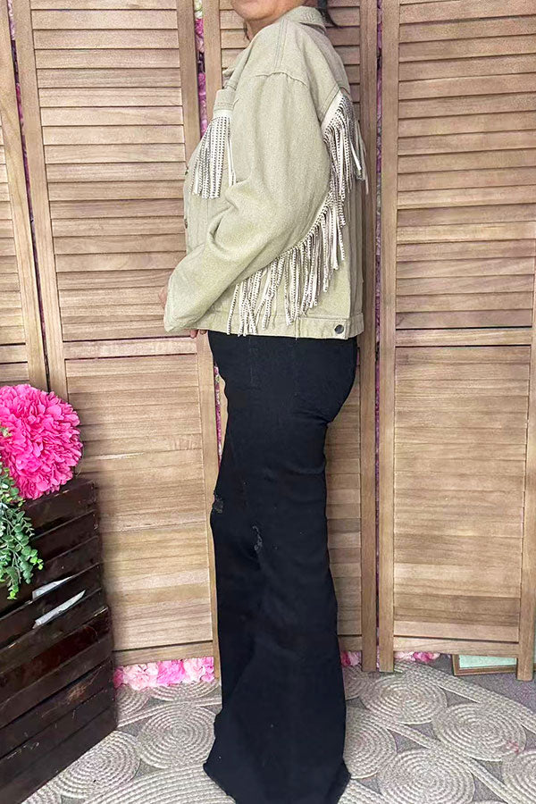 Western studded bling fringe denim long sleeve women jacket/coat DLH13754