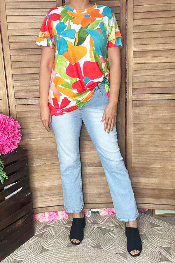 Southern Stitch Brand floral double ruffle short sleeve women top GJQ16389