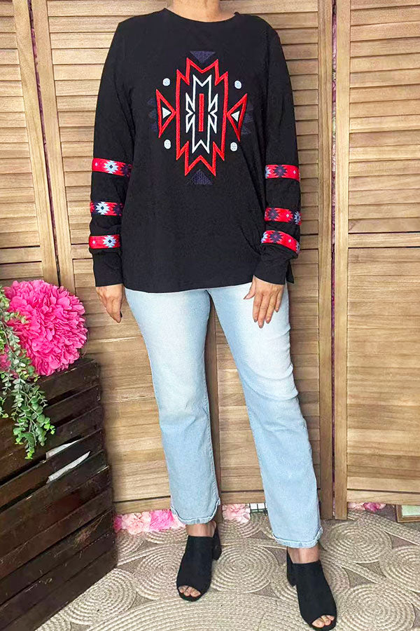 Southern Stitch western aztec embroidery black long sleeve women top XCH16631
