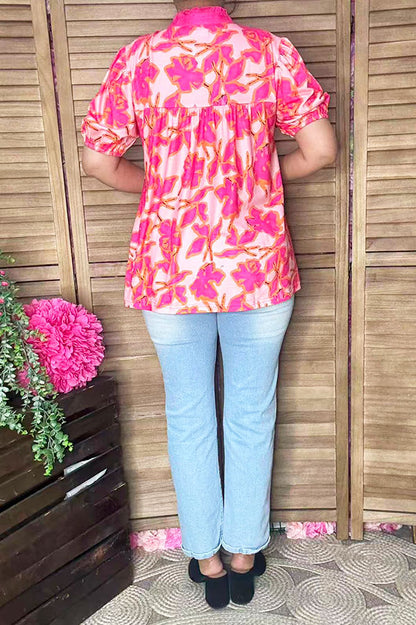 Pink floral printed puff short sleeve baby doll women blouse GJQ16188