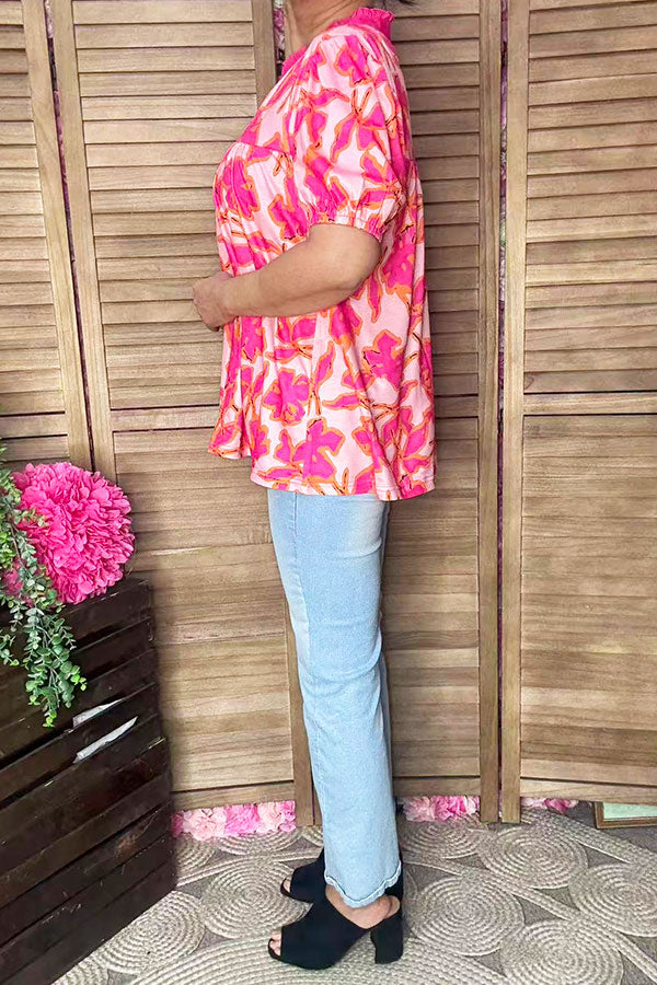 Pink floral printed puff short sleeve baby doll women blouse GJQ16188