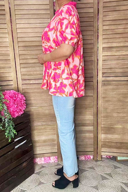 Pink floral printed puff short sleeve baby doll women blouse GJQ16188