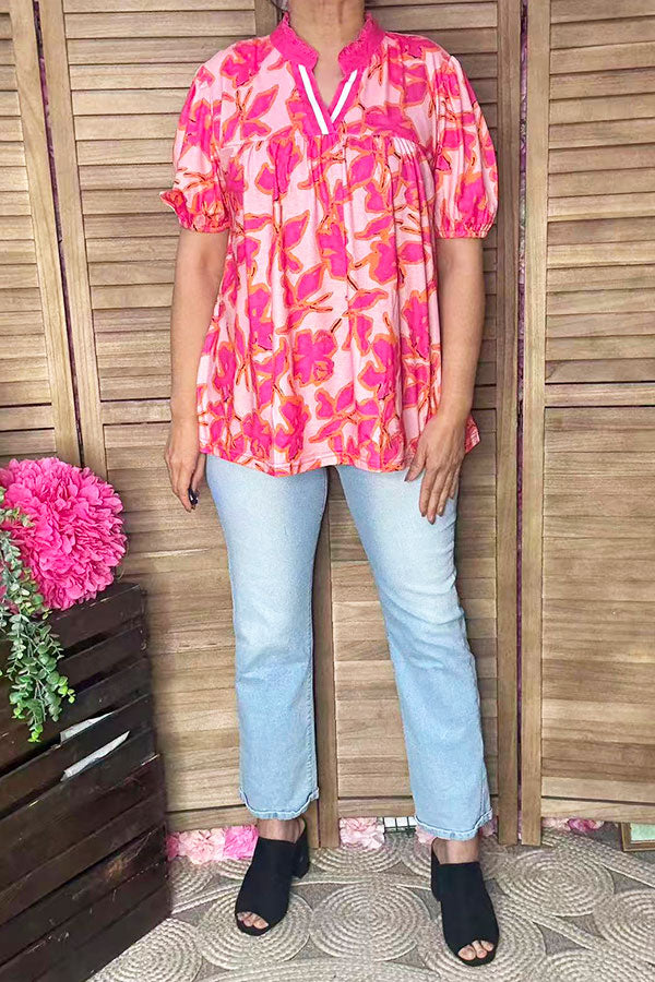 Pink floral printed puff short sleeve baby doll women blouse GJQ16188
