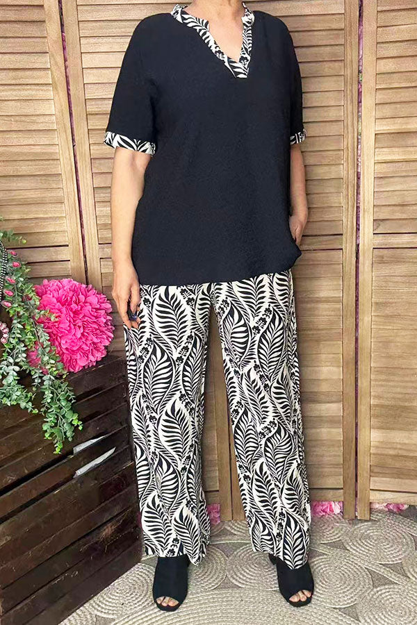 Black short sleeve top & wide leg pant 2pc women set GJQ16908