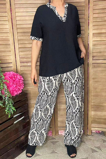 Black short sleeve top & wide leg pant 2pc women set GJQ16908