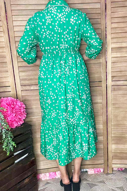 Spring floral green 3/4 sleeve maxi women dress w/buttons GJQ16691