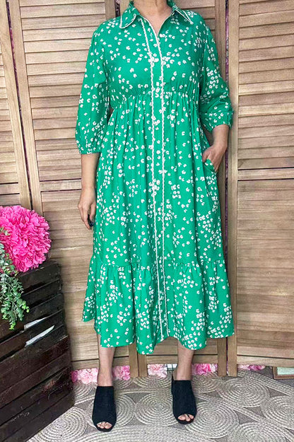 Spring floral green 3/4 sleeve maxi women dress w/buttons GJQ16691
