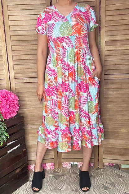 Women's maxi dress vendors Multi color patterns prints & puff short sleeves GJQ16041