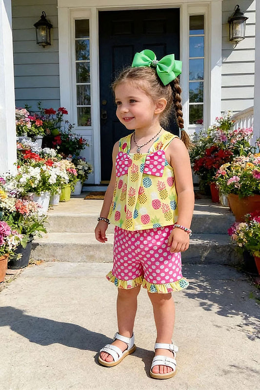 Shop kids clothes Pineapple & Polka dots printed top and shorts 2pc girls sets XCH04019