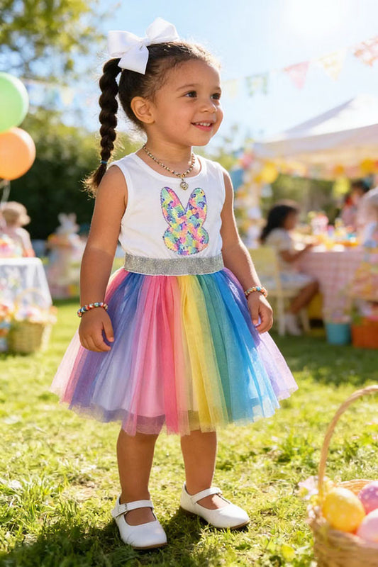D2854 Sequin bunny embroidery multi color tulle easter girls dress