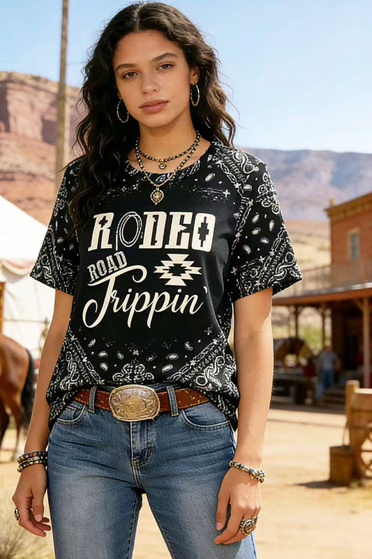 XCH14181 Rodeo Road Trippin paisley black short sleeve women top