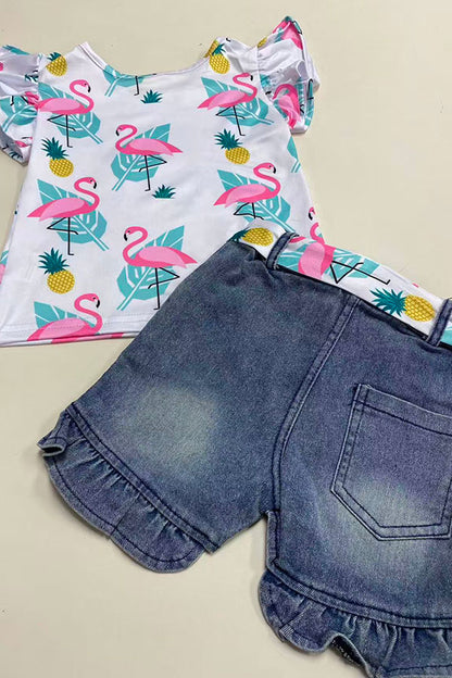 Flamingo printed ruffle short sleeve top &  denim shorts 2pc girls set 241128M