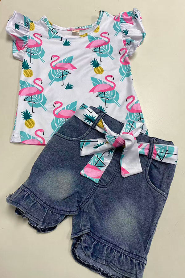 Flamingo printed ruffle short sleeve top &  denim shorts 2pc girls set 241128M
