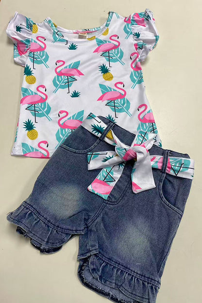 Flamingo printed ruffle short sleeve top &  denim shorts 2pc girls set 241128M