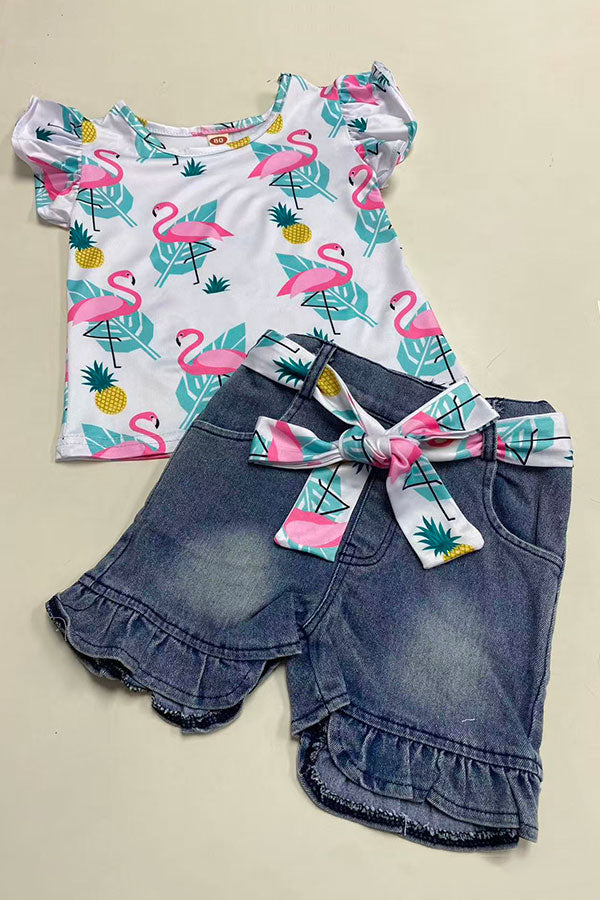 Flamingo printed ruffle short sleeve top &  denim shorts 2pc girls set 241128M