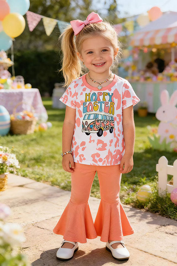 XCH0021-1 HAPPY EASTER bus print top bell bottom 2pc girls sets