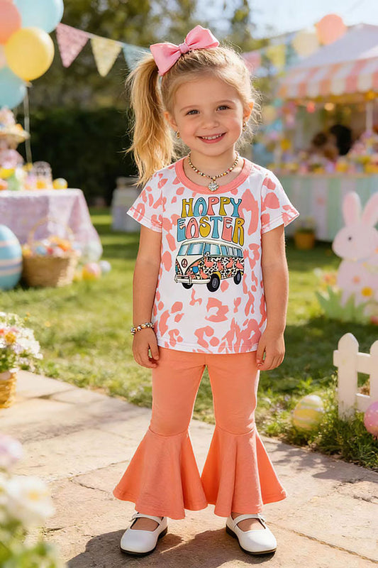 XCH0021-1 HAPPY EASTER bus print top bell bottom 2pc girls sets