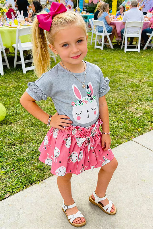 DLH2860 Easter grey top & pink rabbits printed skirt 2pcs girls sets