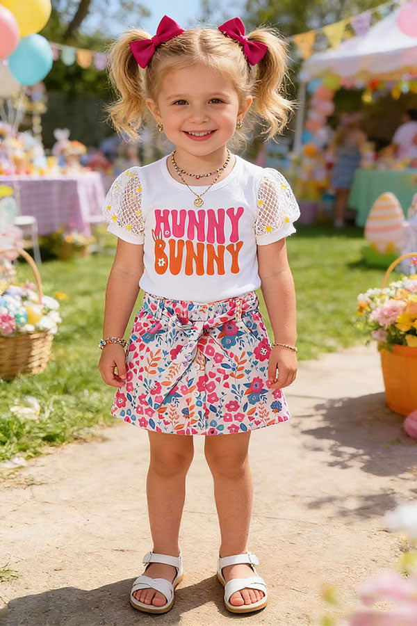 DLH2868 "HUNNY BUNNY" cotton & lace top floral skirt 3pc girls sets