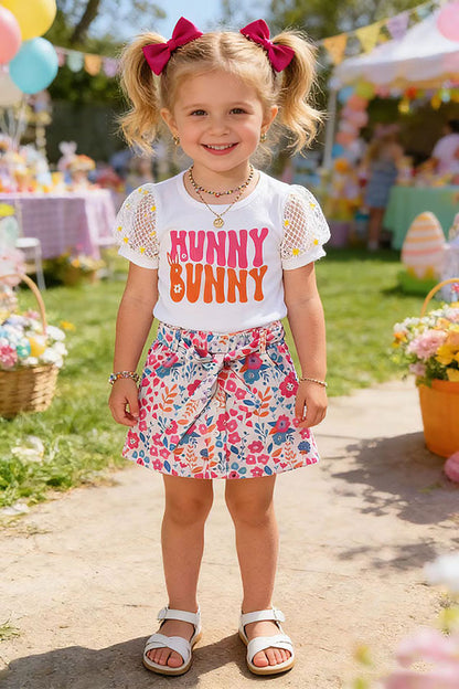 DLH2868 "HUNNY BUNNY" cotton & lace top floral skirt 3pc girls sets