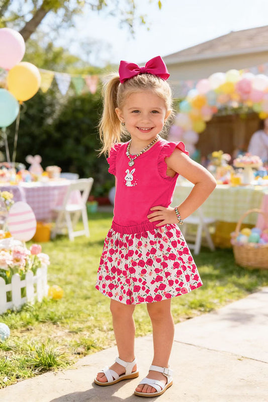 XCH04017 Bunny printed top & floral shorts 2pcs girls sets