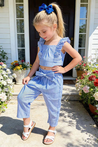 Cropped blue striped top & pant & belt girls sets 251301M