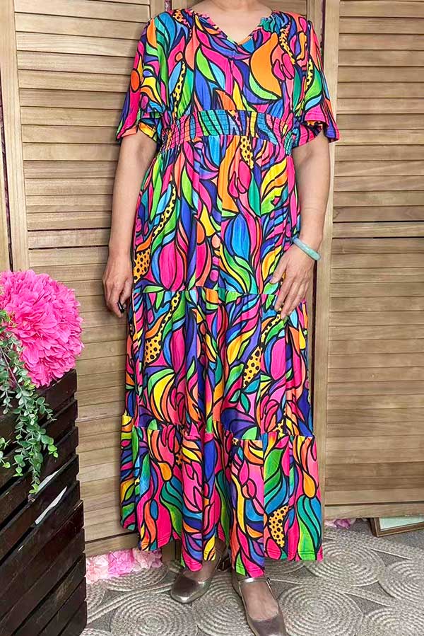 Women's Maxi Dress Rose Abstract Print & Bell sleeves XCH16585