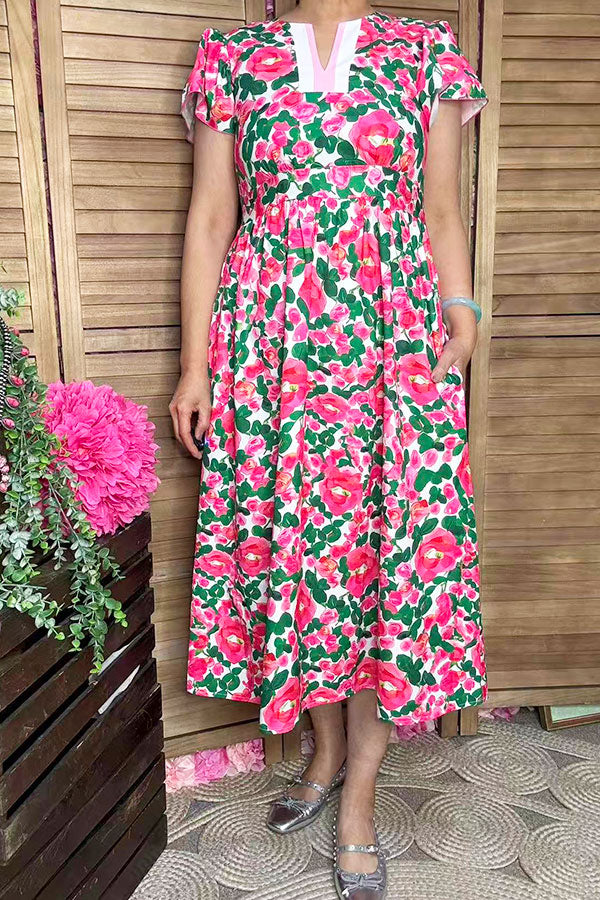 Pink & Green floral printed puff cap sleeves boutique clothing bulk GJQ16625