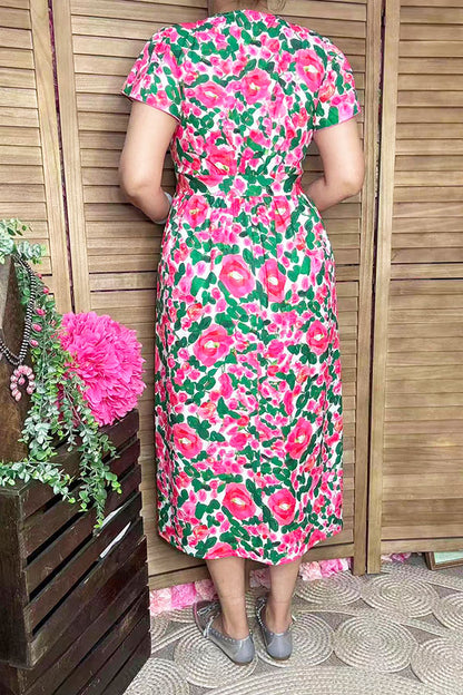 Pink & Green floral printed puff cap sleeves boutique clothing bulk GJQ16625