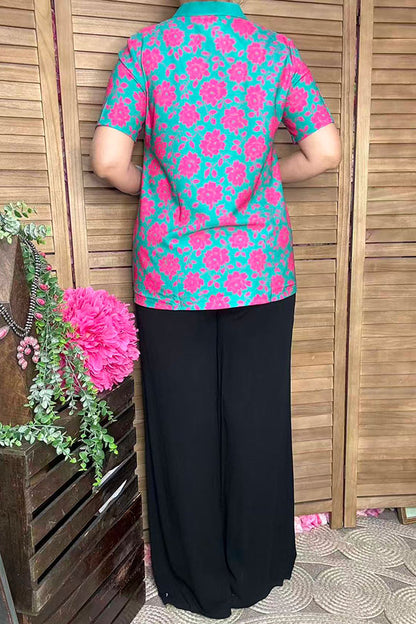 Fuchsia flowers printed turquoise short sleeve womens top GJQ16619