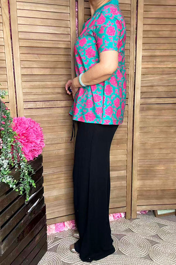 Fuchsia flowers printed turquoise short sleeve womens top GJQ16619